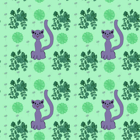 Seamless pattern cats on a beautiful green floral backgroundの写真素材