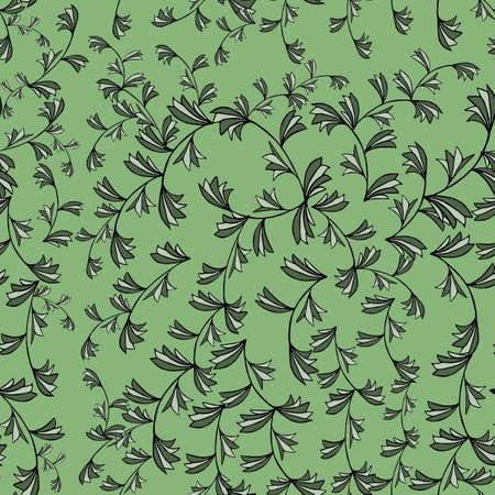 On a bright green background is a seamless pattern of branches with leaves.の写真素材