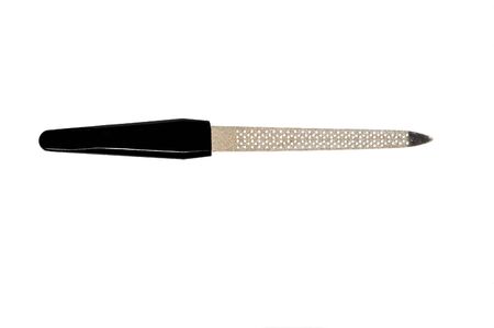Shiny metal nail file with many holes and black plastic handle isolated on white backgroundの写真素材