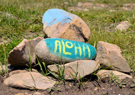 Aloha inscription painted on a pile of stones