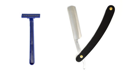 Straight razor and usual razor on white backgroundの写真素材
