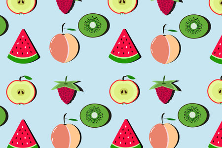 Fruit pattern with peach, kiwi, watermelon, raspberry on blue background.