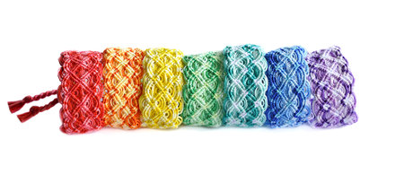 DIY woven friendship bracelets with special braiding. Rainbow colors. Summer accessories