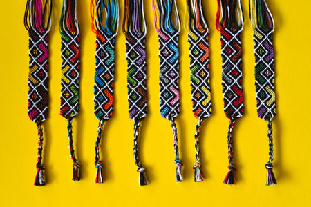 Unfinished DIY woven friendship bracelets with abstract geometric pattern. Summer accessories