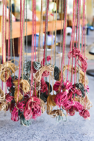 Many colorful prepared threads for weaving hammocks in vietnamの写真素材