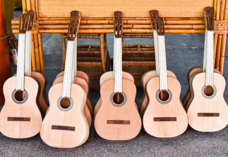 Many unfinished wooden drying guitars in workshopの写真素材