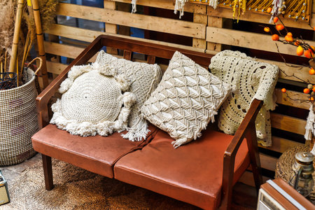 Cozy autumn decorations for home, sofa with pillowsの写真素材
