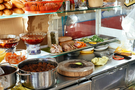 Prepared ingredients for making vietnamese Banh Me on street food in Nha Trang