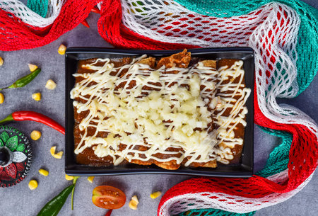 Chilaquiles with chicken and sour cream and sauce with mexican flag on a gray background