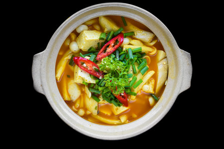 Vietnamese vegetairan soup with tofu, mushrooms and vegetables isolated on black background top viewの写真素材