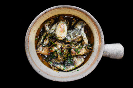 stewed frog stew in a pot isolated on black background close upの写真素材