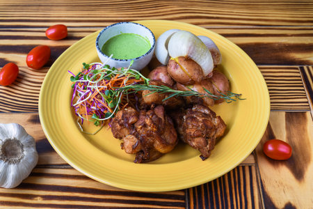 Peruvian Chicken with Green Sauce and salad with potato on yellow plate close up side viewの写真素材
