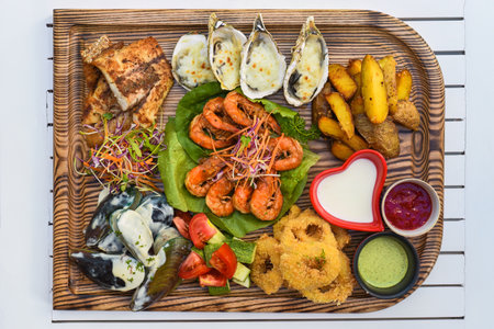 A lot of seafood as fried fish, calamari, oysters and sauces on wooden board on the tableの写真素材