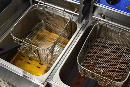 Equipment for deep frying in oil for tacos in a mexican restaurantの写真素材
