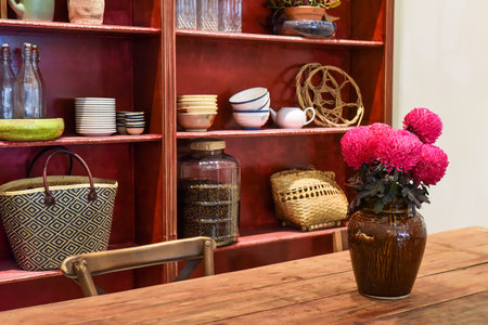 Loft style with wooden furniture in a Vietnamese coffee shopの写真素材