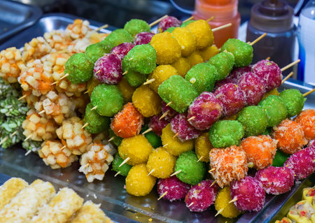 Many snacks and seafood in vietnamese night market in food festival