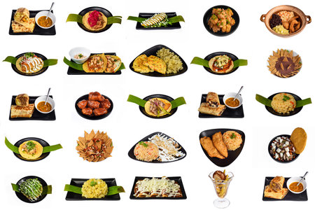 Set or collage of many latin american and mexican food on white background