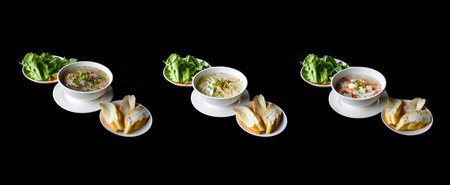 Set or collage of vietnamese traditional soups Pho with chicken, seafood and beef (pho ga, pho bo, pho hai san)の写真素材
