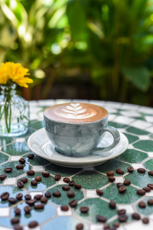 Cup of cappuccino with drawing on light gray background side viewの写真素材