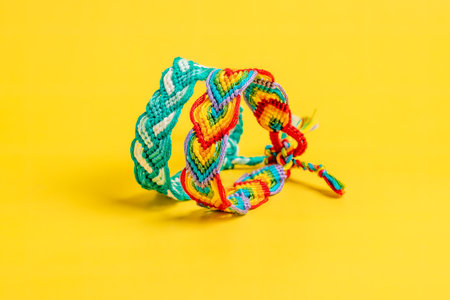 Multicolored woven DIY friendship bracelets Pigtail handmade of embroidery bright thread with knots isolated on yellow backgroundの写真素材