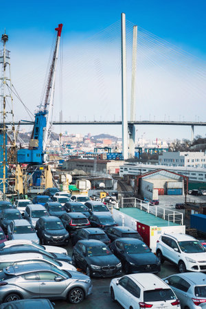Vladivostok, Russia - 3 March 2024: many new Japanese and Korean cars on the ship in the port of...
