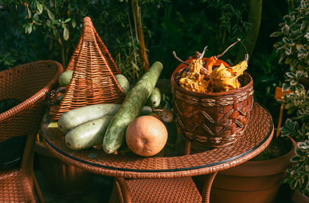 Decorative creative set of decoration with different types of pumpkin Wax gourd, momordica on a tableの写真素材