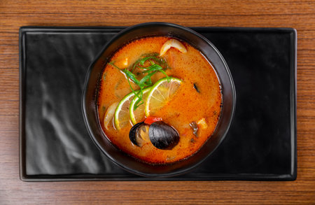 Soup tom yum with seashells and mussels top view on wooden tableの写真素材