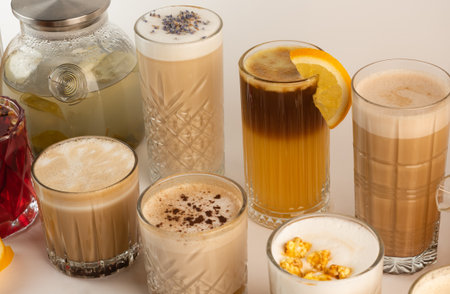 A collection of cozy autumn beverages with spices, popcorn, and fruit, showcasing coffee and tea varietiesの写真素材