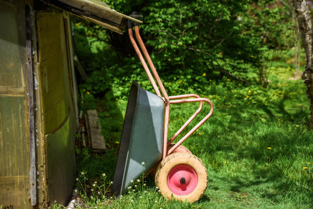 Old metal wheelbarrow with pink handles leans against a wooden shed in a green garden, symbolizing autumn harvest and rustic countryside life.の写真素材