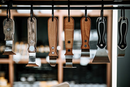 Wooden and plastic handled spatula tools hanging on display in a hardware store, used for stretch...