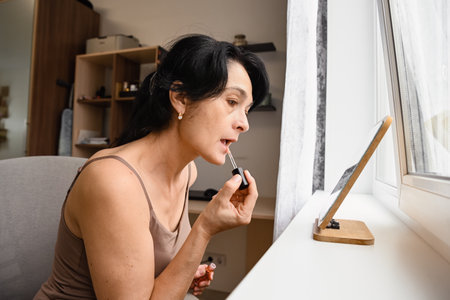 A 50 years old woman applies lip gloss at home, showing her natural face with visible wrinkles, embracing real beauty, confidence and a gentle self care moment.の写真素材