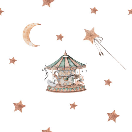 seamless watercolor pattern with vintage animal carousel. beautiful pattern in vintage style with garlands and flags, magic wand, month and stars. for little princesses.の写真素材
