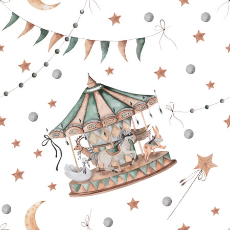 seamless watercolor pattern with vintage animal carousel. beautiful pattern in vintage style with garlands and flags, magic wand, month and stars. for little princesses.の写真素材