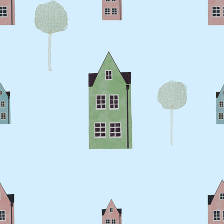seamless pattern multicolored houses. cute minimalistic childrens house pattern. for childrens textiles, printing, packaging. enjoyの写真素材