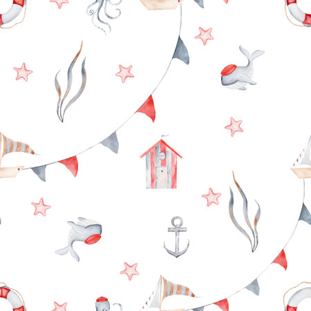 Watercolor seamless pattern marine theme. Repeating nautical texture with sailboat, marine house, whale, seaweed,anchor, flags, lifebuoy. Wallpaper design in cartoon style for childrens textilesの写真素材