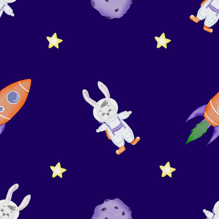 space seamless pattern. cute childish pattern with bunnies astronauts in space, rocket, planet, star. perfect pattern for baby bedding, pajamas, vinyl wallpaper.の写真素材