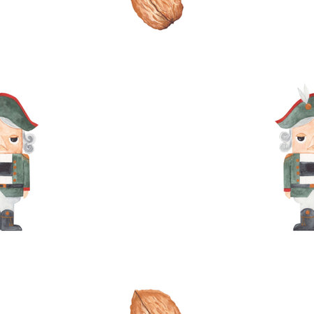 watercolor seamless pattern christmas nutcracker. holiday pattern with nutcracker and walnuts. perfect pattern for tablecloth, table napkins, bed linen, pajamas, wrapping paper for christmas, new yearの写真素材