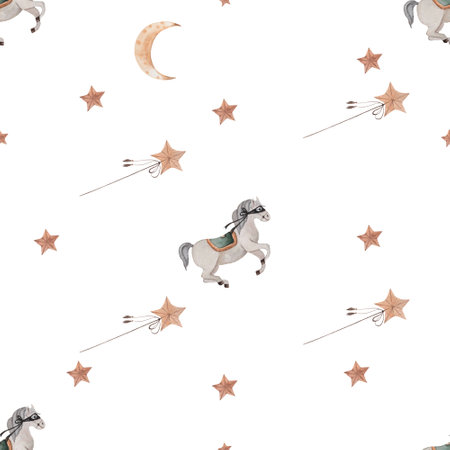 watercolor seamless pattern horses, stars and magic wand and month. beautiful elegant pattern for printing on fabrics, wrapping paper, scrapbookingの写真素材