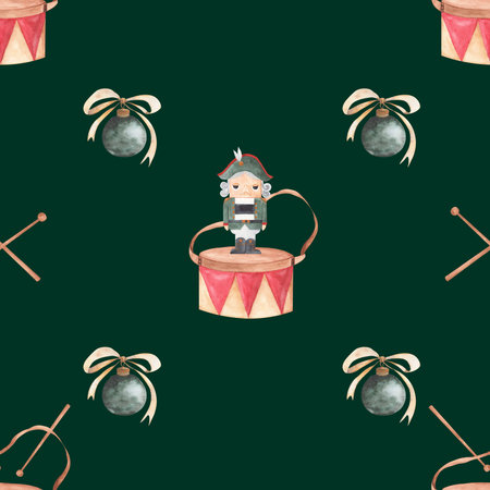 watercolor seamless pattern nutcracker and drums. magic pattern for table napkins, tablecloths,...