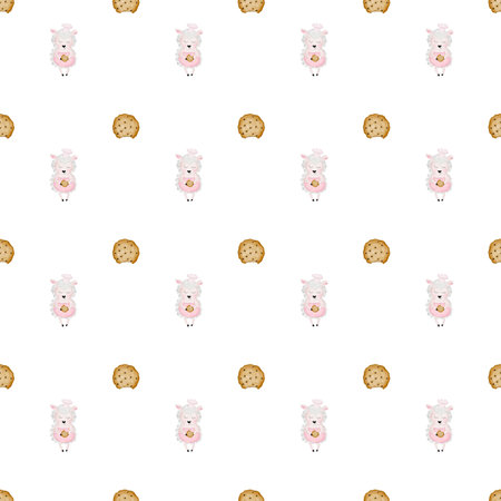 hand-drawn seamless pattern with cute lambs and baked goods. cookie on light colors. lovely pattern for baby textile, wrapping paper for bakery, coffee shop, kids cafe, scrapbooking.の写真素材