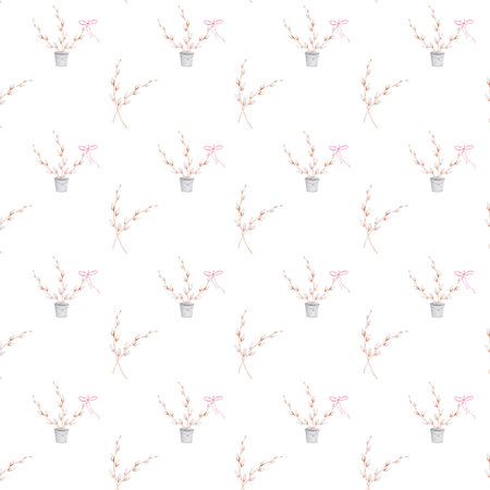 seamless watercolor pattern of willow branch in a bucket. Easter elegant pattern for printing on textiles, tablecloths, bedspreads, napkins. Happy Easter festive pattern.の写真素材