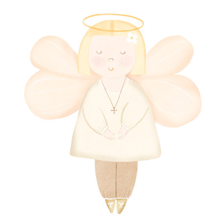 cute baptism angel hand drawn on a transparent background. for decorating cards, banners, pillows, textiles for children on holiday baptismの写真素材