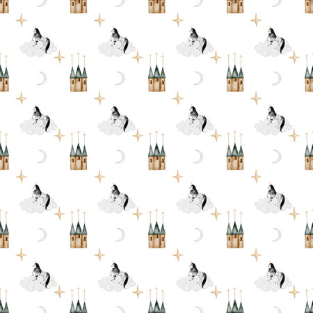 seamless hand drawn pattern with vintage unicorn clouds moon stars and magic castle. Elegant pattern for printing on childrens linens, pajamas, and packaging for childrens clothing. Vintage unicornの写真素材