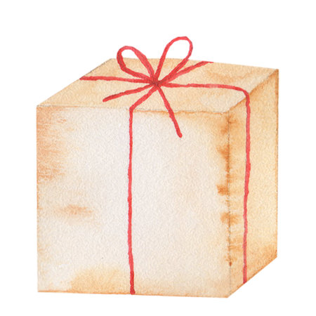 Watercolor drawing of a beige cardboard gift box with a reed bow on a white background. Isolate for invitations and greeting cards for holidays and birthdays.の写真素材