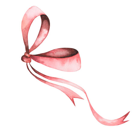 Pink watercolor elegant bow. Knotted thin ribbon in vintage style. For designing cards and invitations for weddings and Valentines Dayの写真素材
