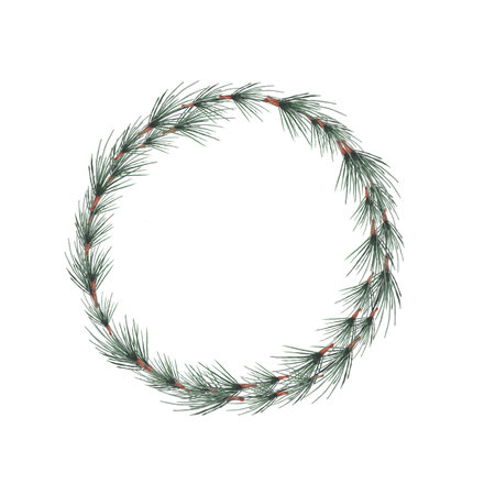 Watercolor round frame made of fir branches. Christmas winter wreath on a white background isolate for the design of cards and invitations.の写真素材