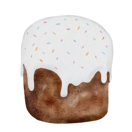 Easter cake watercolor illustration. Decorated with colorful sprinkles and white icing. Traditional...