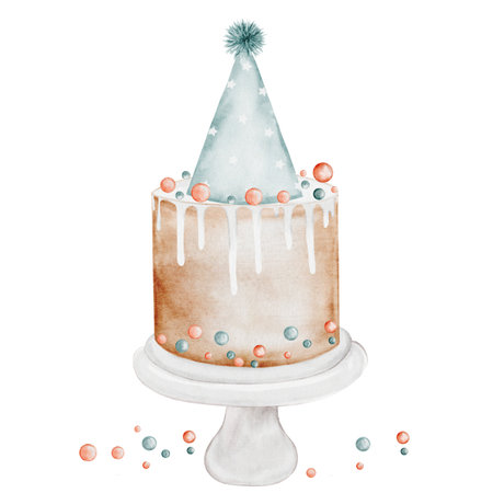 Birthday cake watercolor. Watercolor vintage illustration of a holiday pie. Clip art isolated on white background sweet pastries. Ideal for designing baby shower and birthday cards and invitationsの写真素材