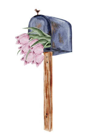 Mailbox watercolor. Vintage blue letter container on a wooden stand with with tulips. Isolated clip art on white background. Ideal for postcardsの写真素材