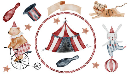 Circus watercolor. Hand drawn big set cute animals on isolated white background. Clip art of bear on bicycle, bunny on ball and tiger cub. Perfect for posters and cards for baby showerの写真素材